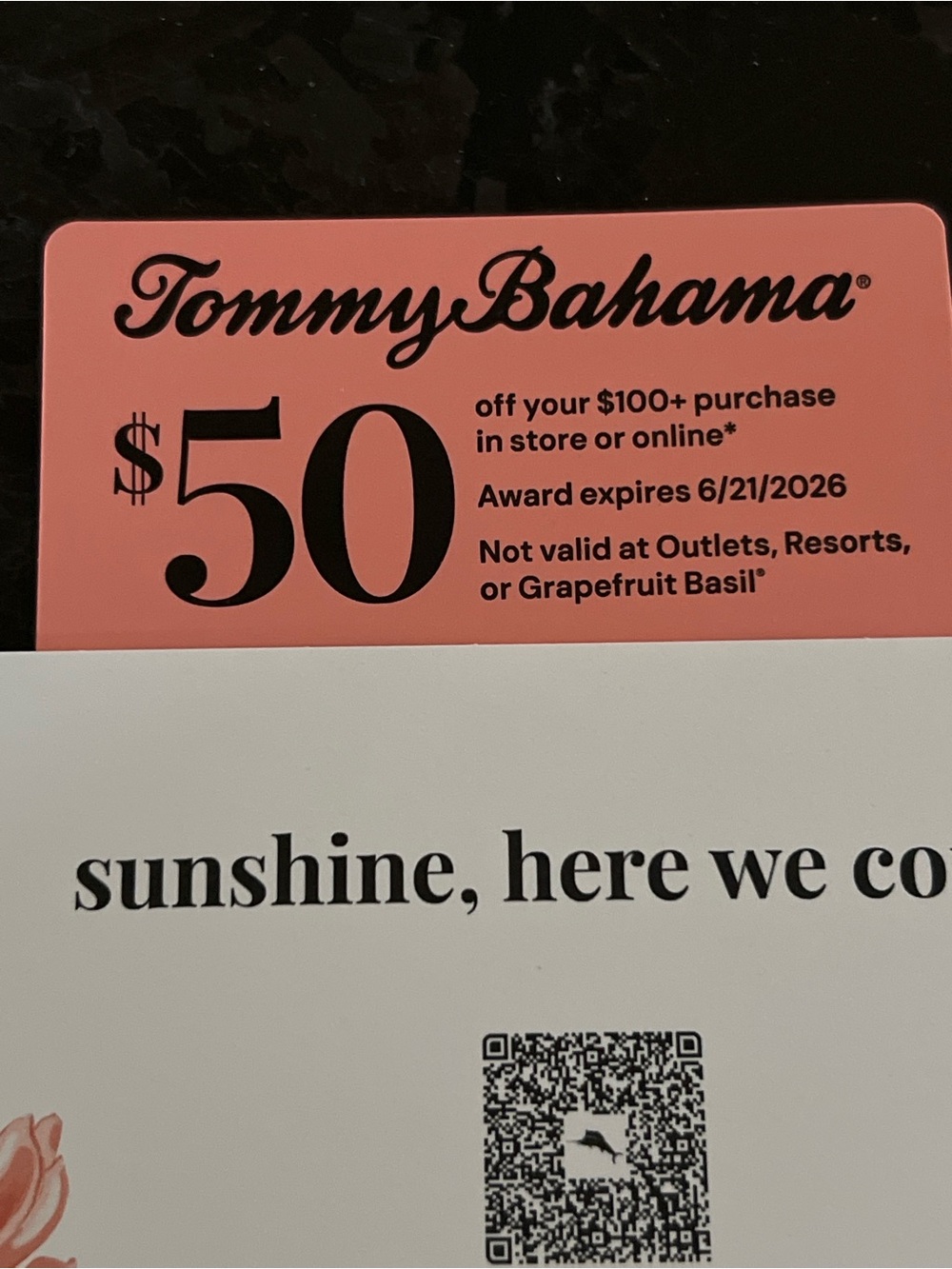 Tommy Bahama Coral and Yellow Floral Gift Card Insert